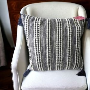 Feather filled. Navy/white indoor outdoor textured soft boho pillow.